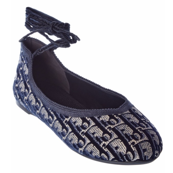 Christian Dior Poeme Monogram Velvet Braided Lace Up Ballet Flat Navy sz 38/8.5 - Picture 1 of 6